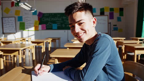 teenage boy studying in classroom