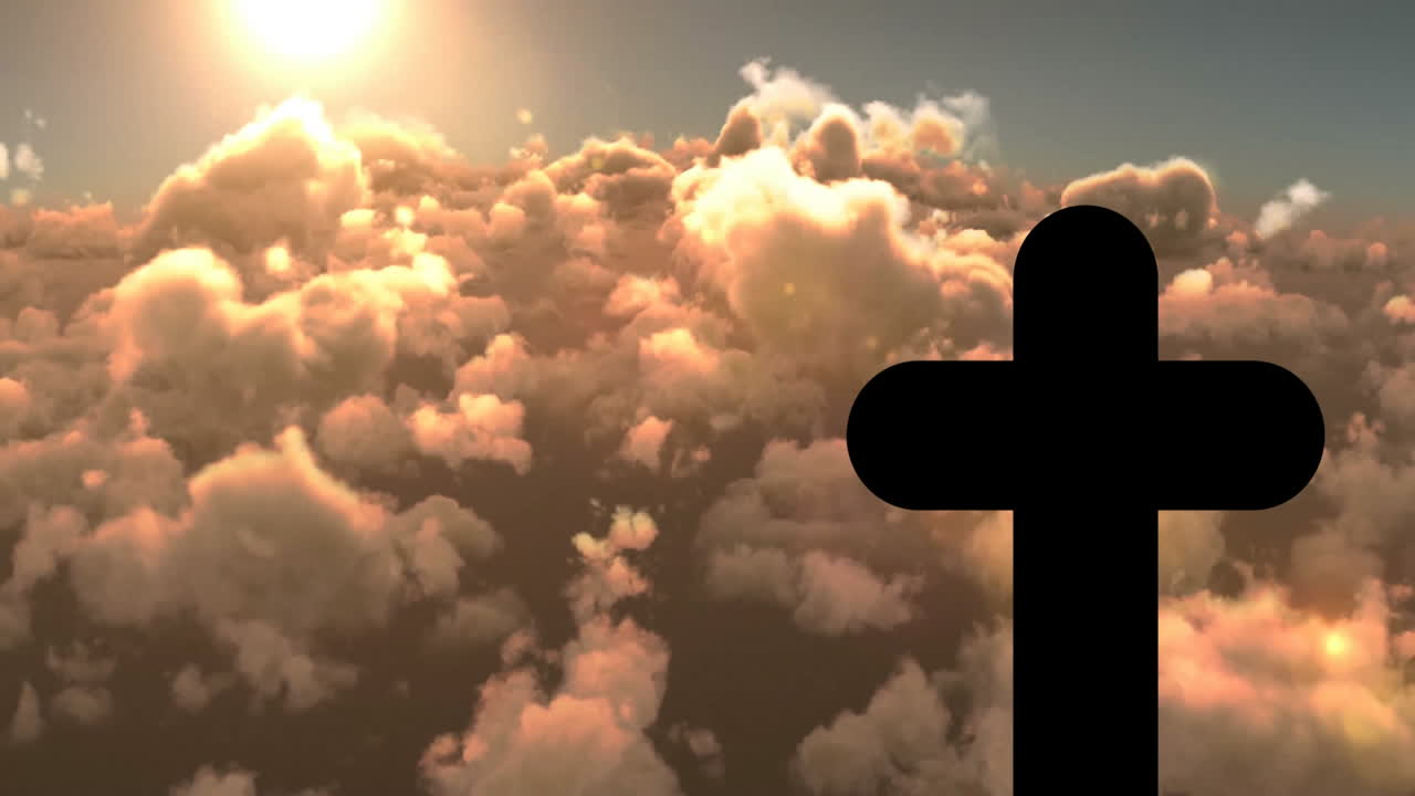 Silhouette of cross against sunset illuminating clouds in dramatic animation scene