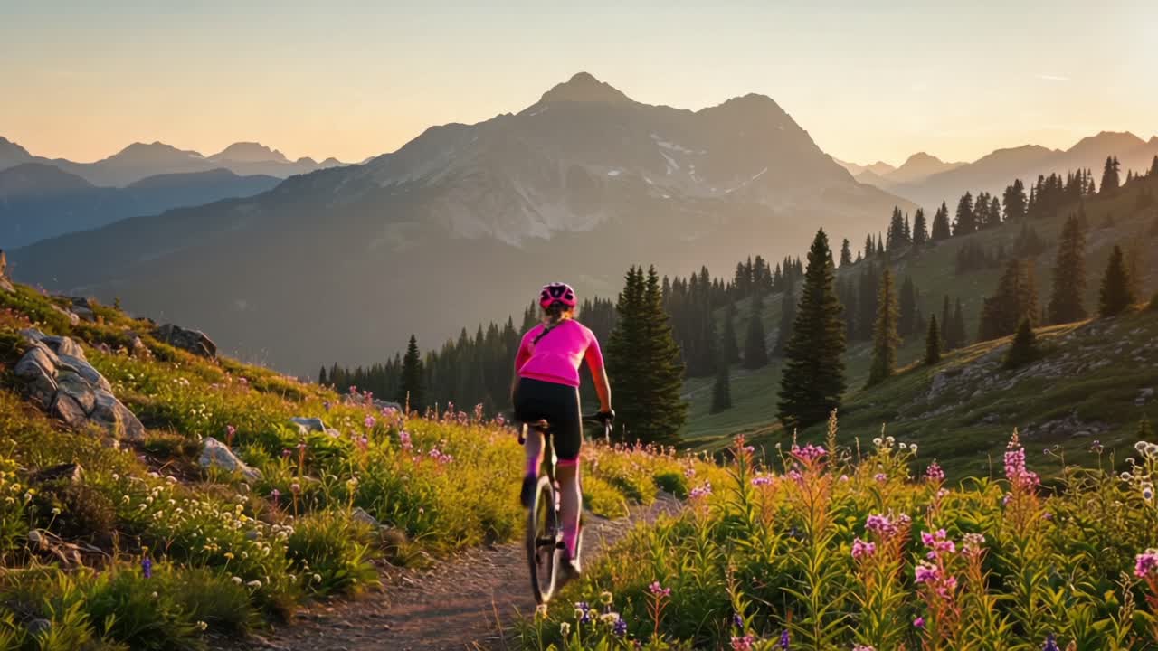 A Mountain Biker Enjoys a Serene Sunset Ride Through Vibrant Wildflowers and Majestic Peaks, Embracing Nature's Beauty in The Great Outdoors