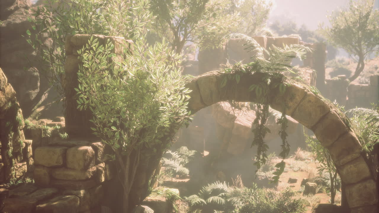 Dreamy ruins cloaked in green foliage with gentle sunlight shining