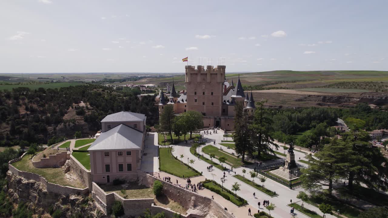 Aerial: Alc&aacute;zar de Segovia, with Plaza de la Reina Victoria Eugenia and Juan II tower