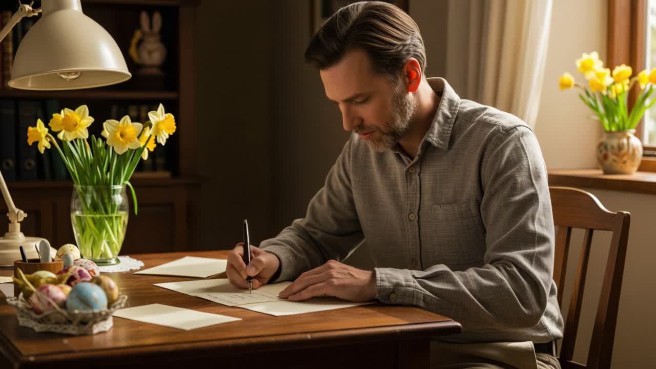 A Thoughtful Man Engaged in Writing a Letter at a Cozy Table Surrounded by Spring Flowers and Decorative Eggs, Capturing an Intimate Moment of Reflection and Creativity