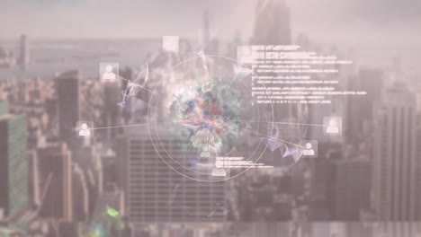 animation of rotating globe with network of icons on city background