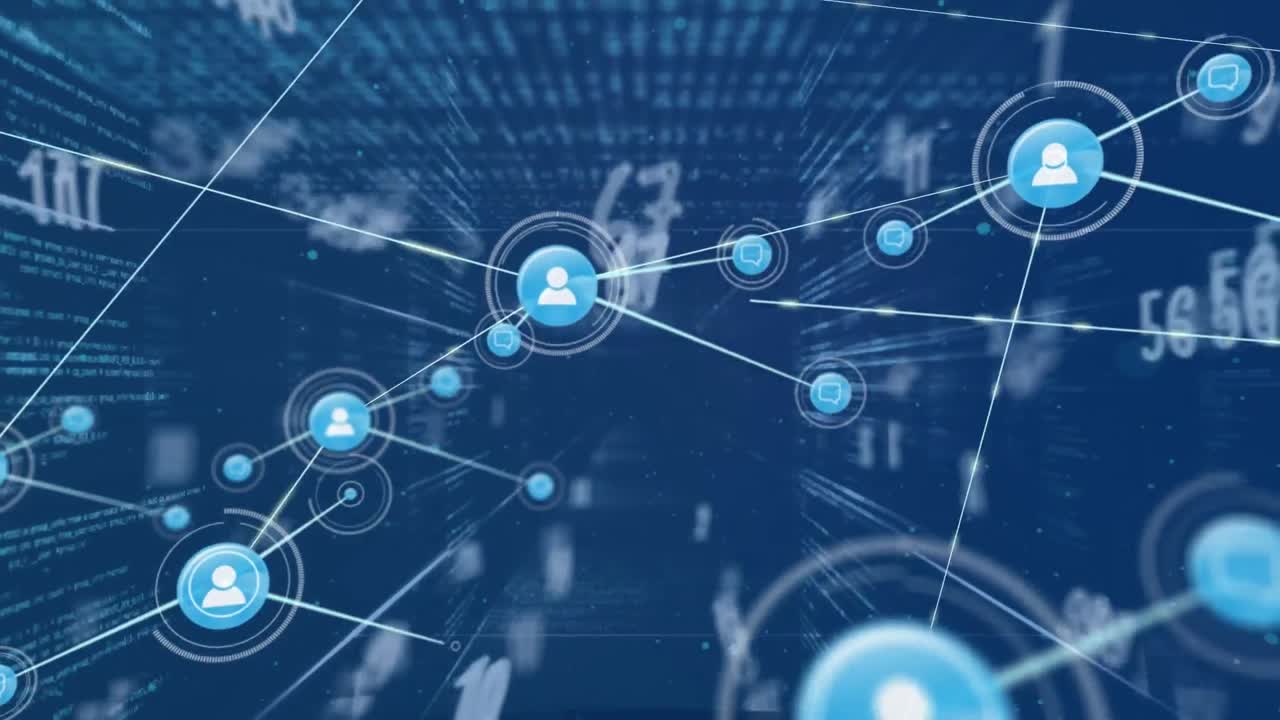 animación de la red de conexiones con iconos sobre el procesamiento de datos en espacio azul