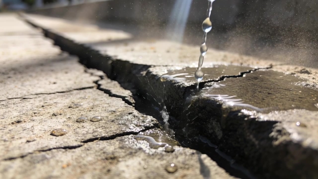 Acqua che gocciola su una lastra di cemento, dividendosi in gocce e colpendo una fessura, creando increspature e drenando in una giuntura.