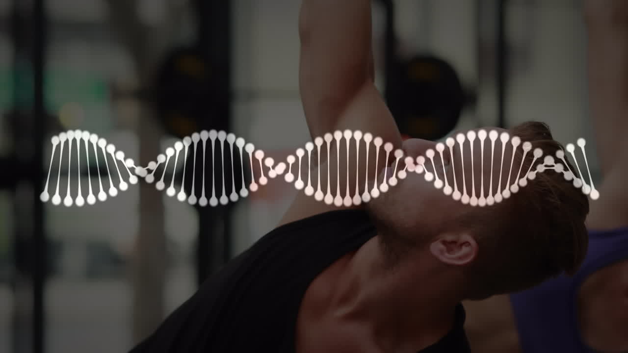 animación de una cadena de adn sobre un hombre musculoso haciendo ejercicio