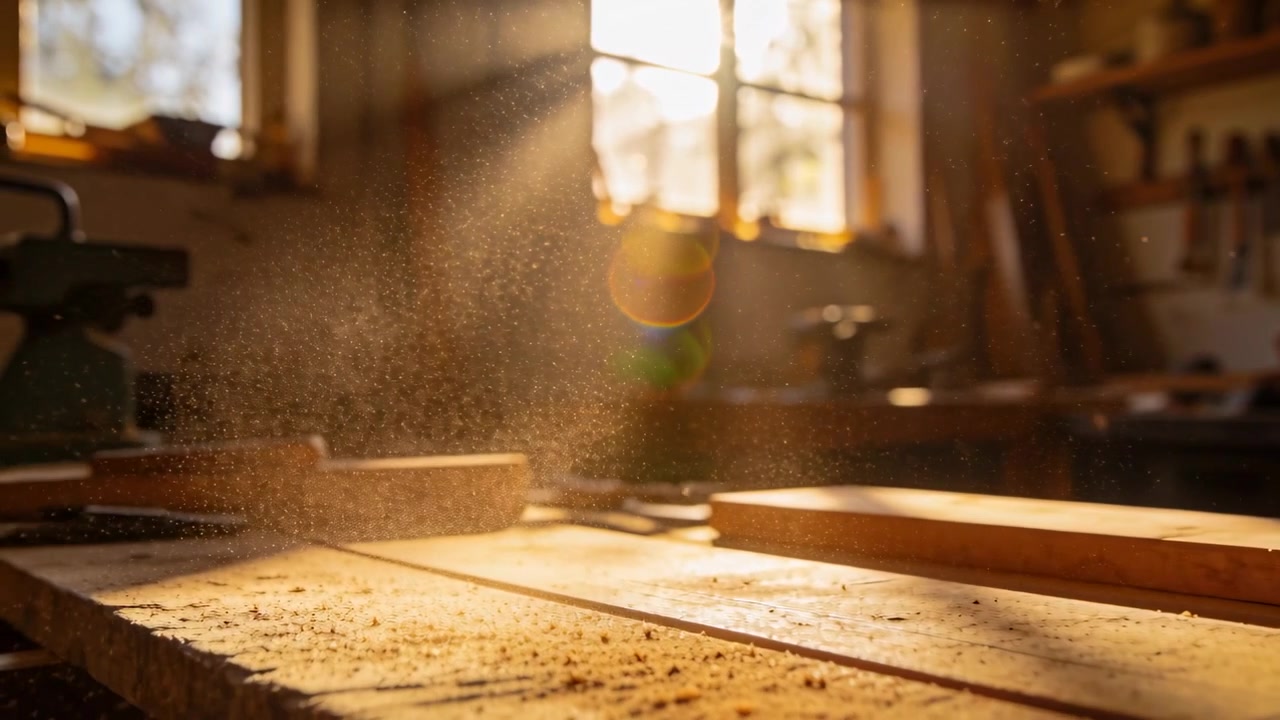 Feine Bewegung wirbelt Sägemehl von der Holzbank in der Holzwerkstatt nach dem Sägen auf, Sonnenlicht schimmert