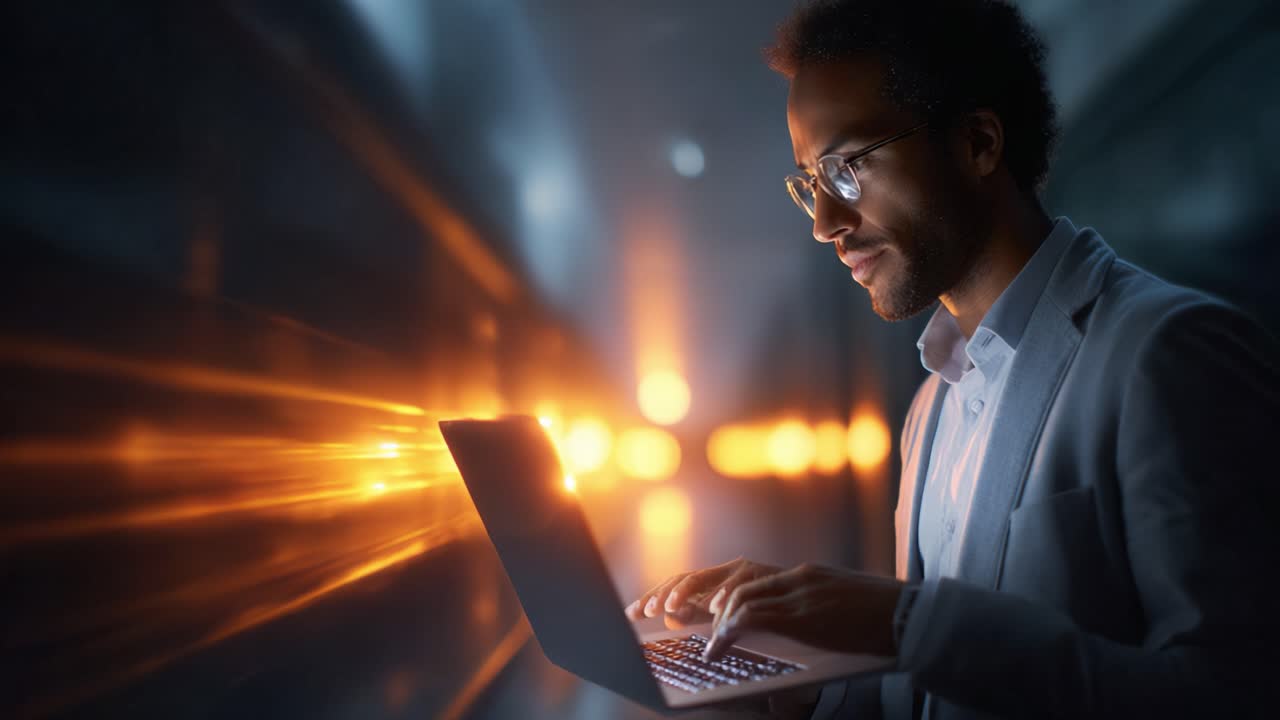 Focused Individual Working on Laptop in a Dynamic Environment Illuminated by Bright Lights, Capturing Innovation and Modern Technology in Action