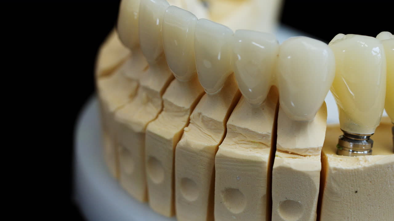 Macro close up of dental veneers and implant supported crowns on jaw model. Modern cosmetic and restorative dentistry concept