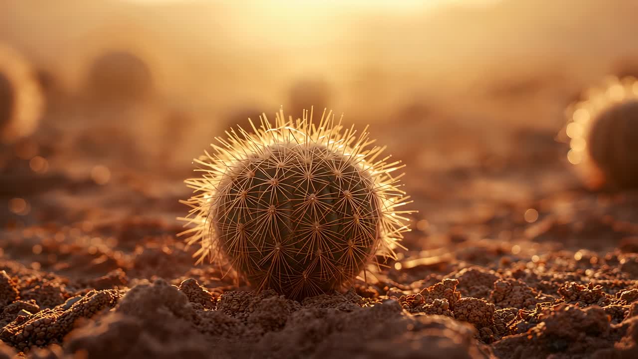 Moving camera revealing barrel cactus on gritty desert soil as low sun glowing, revealing texture