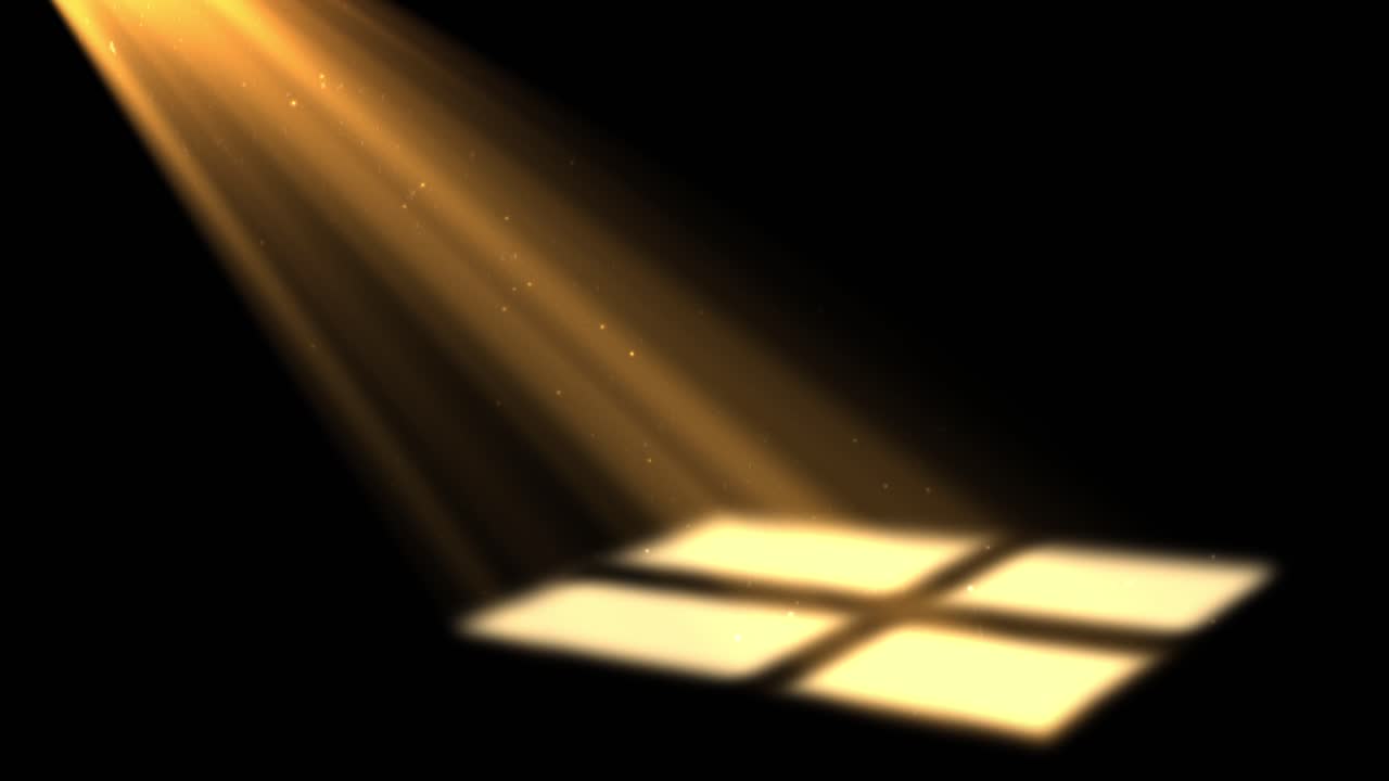 Warm golden sunbeams shining through a window into a dark dusty room with floating particles. Volumetric light rays illuminate the floor in a cinematic scene