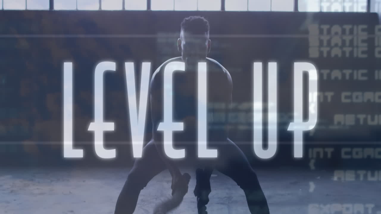 레벨 업 텍스트의 애니메이션 아프리카계 미국인 남자가 싸우는 로프로 운동하고 있습니다.