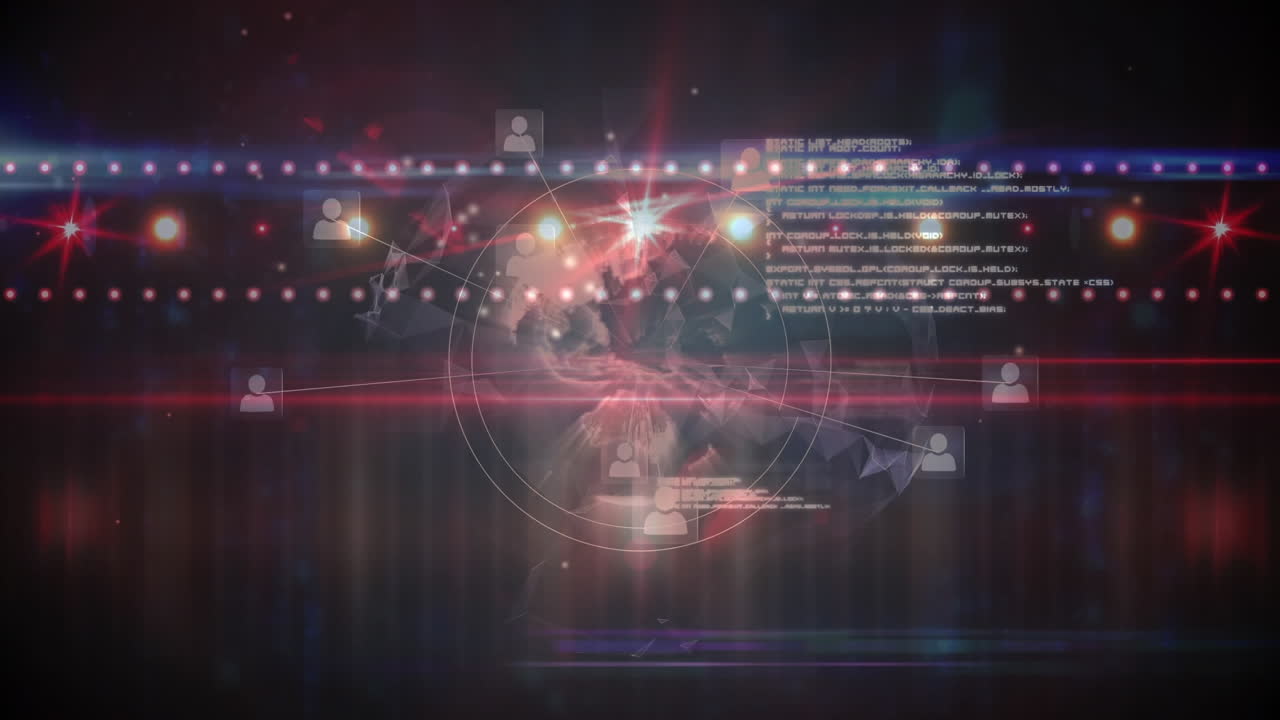 스포트라이트 행과 함께 지구의 애니메이션, 데이터 처리 및 연결 네트워크