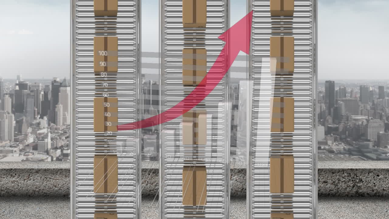 ⁇ 은 화살표가 도시 풍경에 맞서 컨베이어 벨트에 있는 배달 상자 위로 올라갑니다.