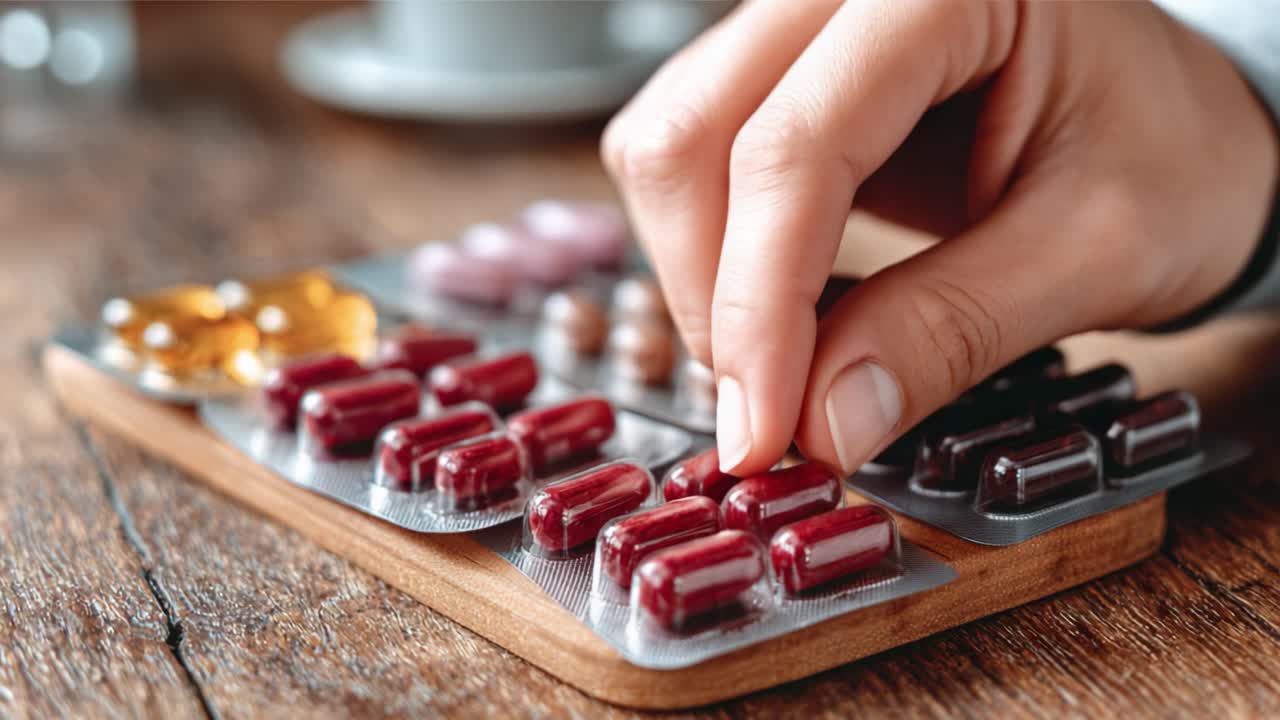 An array of various colored capsules arranged neatly on a wooden surface, reflecting health and wellness, complemented by a blurred background indicating a relaxed environment