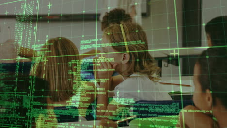Teacher guiding students in education classroom, displaying green code overlay on whiteboard