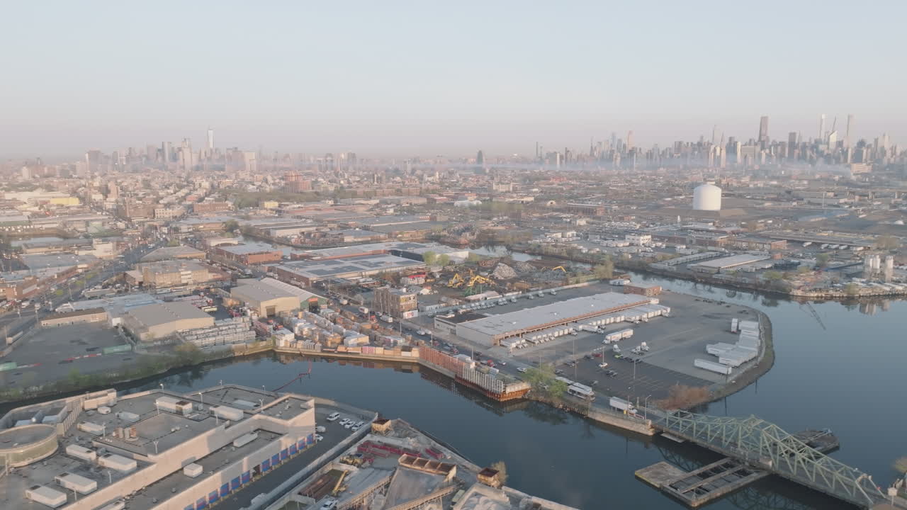 Aerial view of East Williamsburg at sunrise. Shot on a humid morning in New York City.