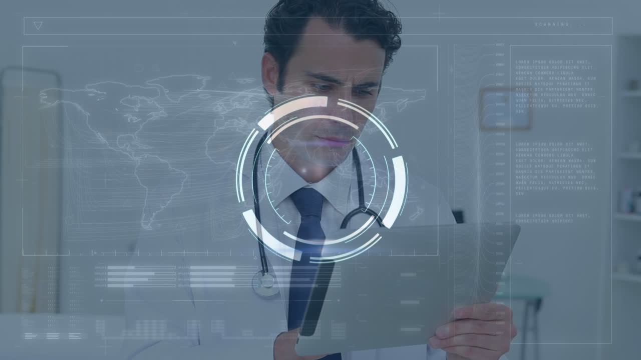 animación de escaneo de alcance, procesamiento de datos y mapa del mundo sobre médico masculino biracial usando tableta