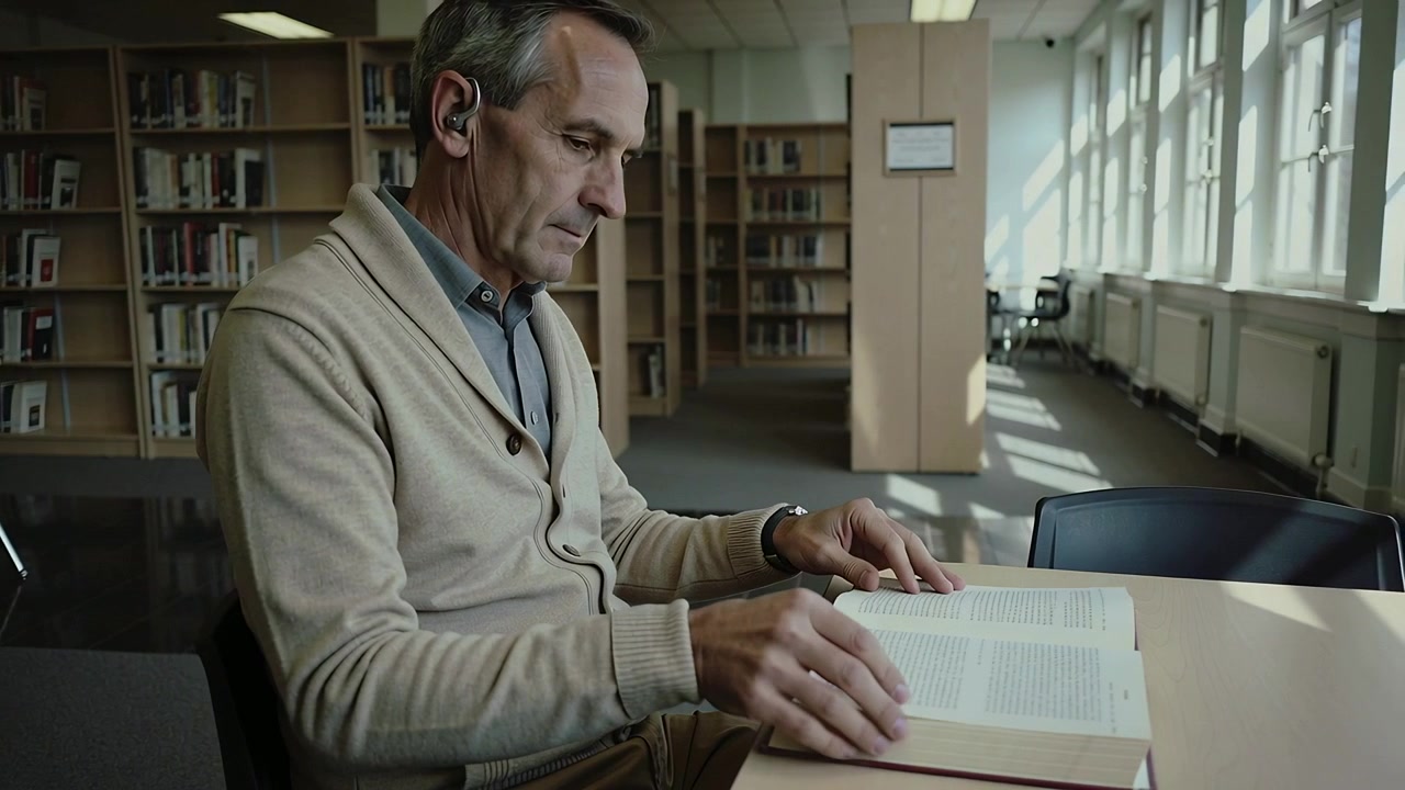 Mano destra sulla pagina, uomo anziano che gira le pagine studiando in biblioteca, con cardigan e auricolare