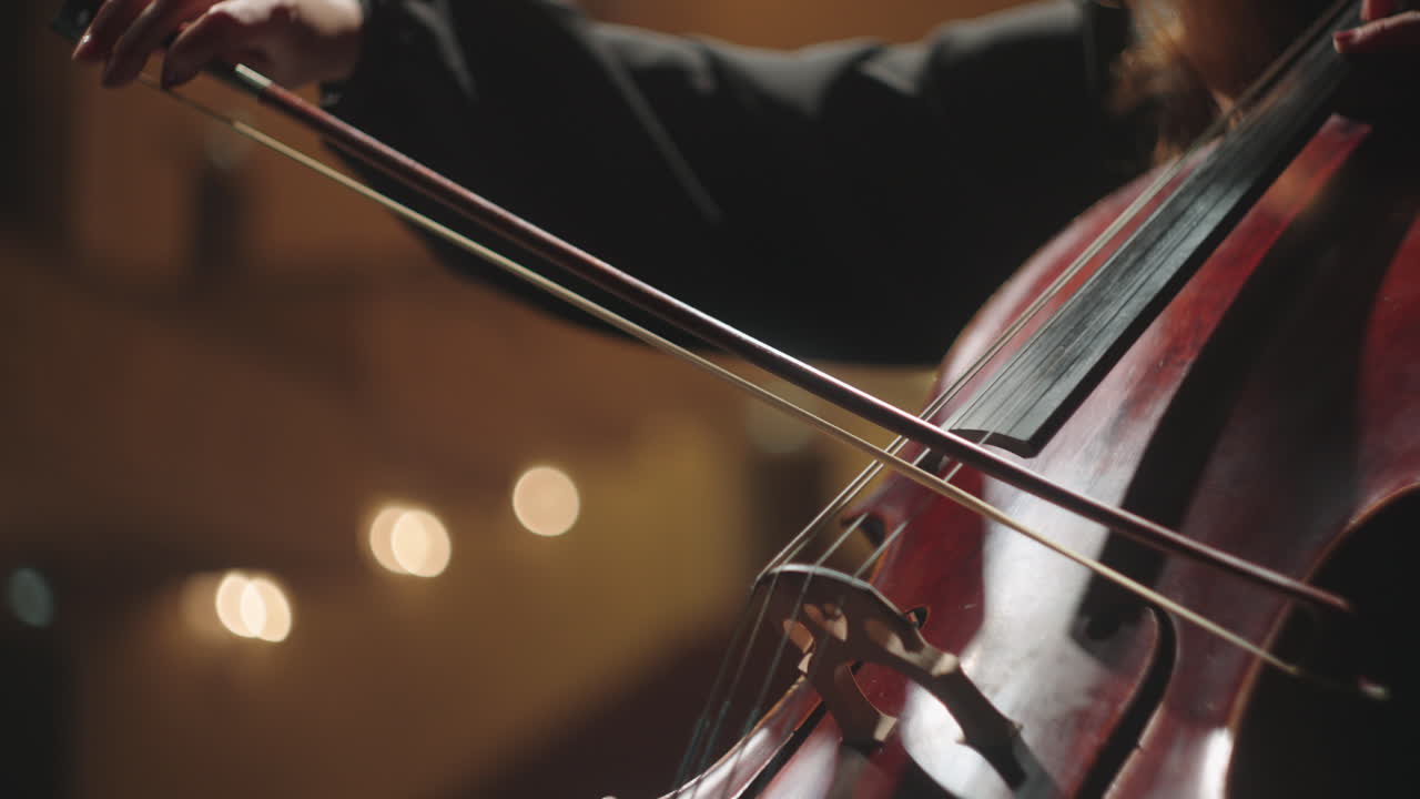 female violoncellist is playing cello closeup of violoncello woman hands and bow on strings