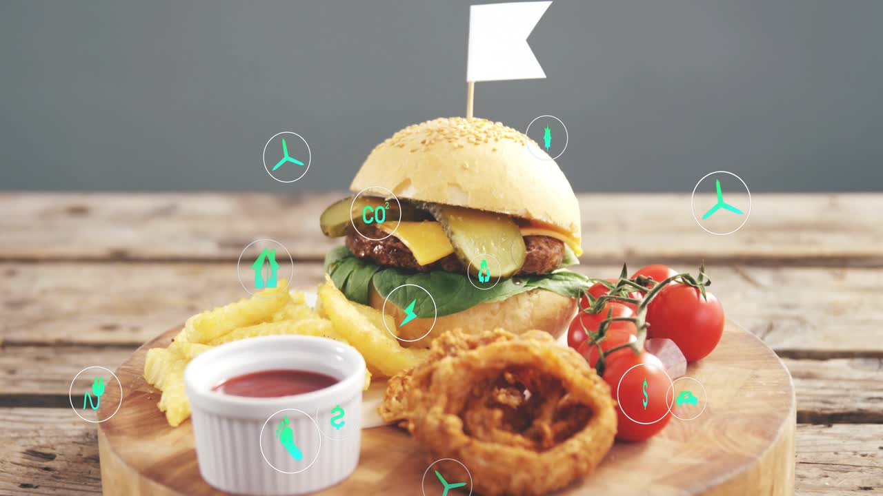 Sol altta beliren, çoğalan, yukarı doğru süzülen, burger etrafında dönen ve detayları gösteren turkuaz ikonlar.