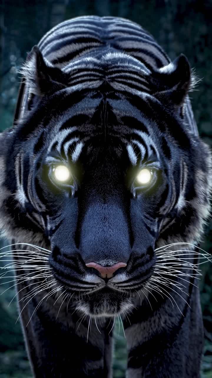 A close-up, low-angle shot of a tiger with glowing eyes, creating a mystical and intense atmosphere