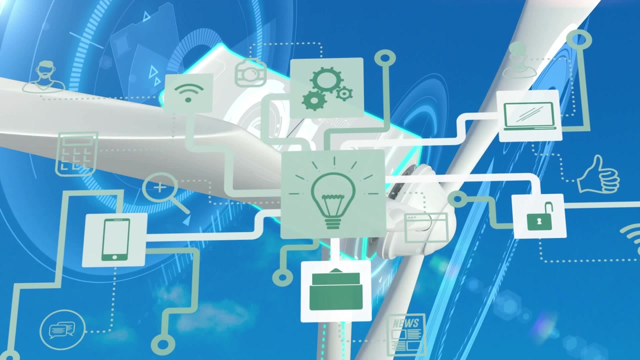 Animation of scopes with network of connections with icons over wind turbine