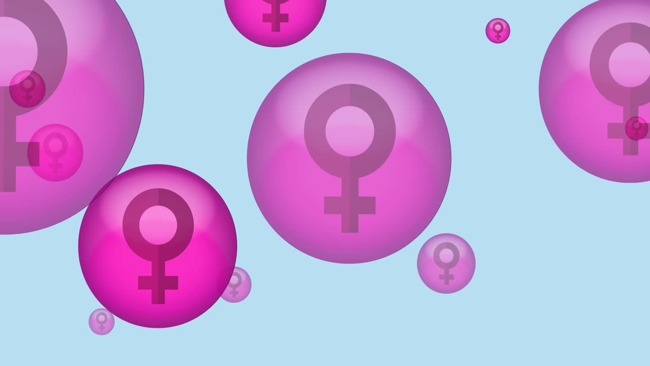 animación de un símbolo femenino volador rosa sobre un fondo azul