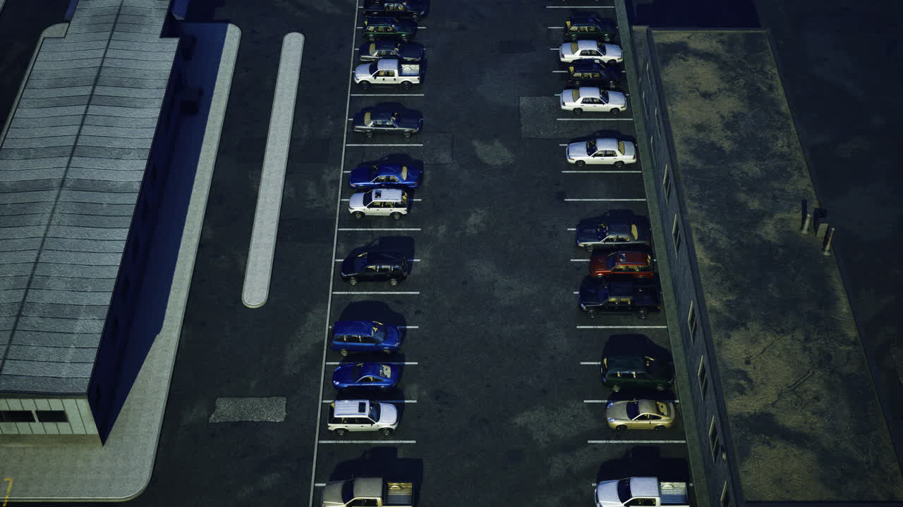 Parking lot at night with various vehicles under bright lights