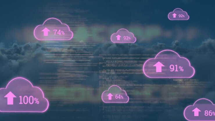 Animation of clouds with percentage and data processing over clouds