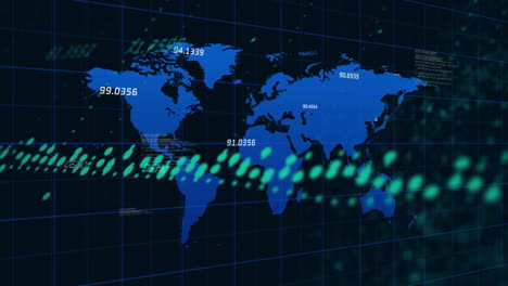 world map with data points and digital data processing animation