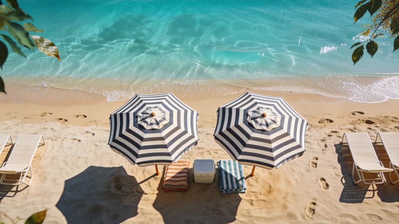 Onde che si infrangono causano lo spostamento delle ombre sull'allestimento della spiaggia sulla sabbia, con ombrelloni a strisce, asciugamani e un frigo portatile.