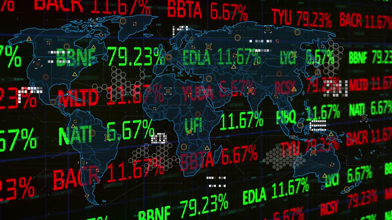 Animation of data processing and stock market over world map on black background