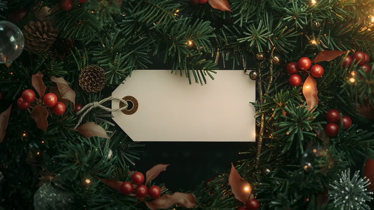 Starting camera zooming toward blank gift tag to highlight wreath in studio, with twinkling lights