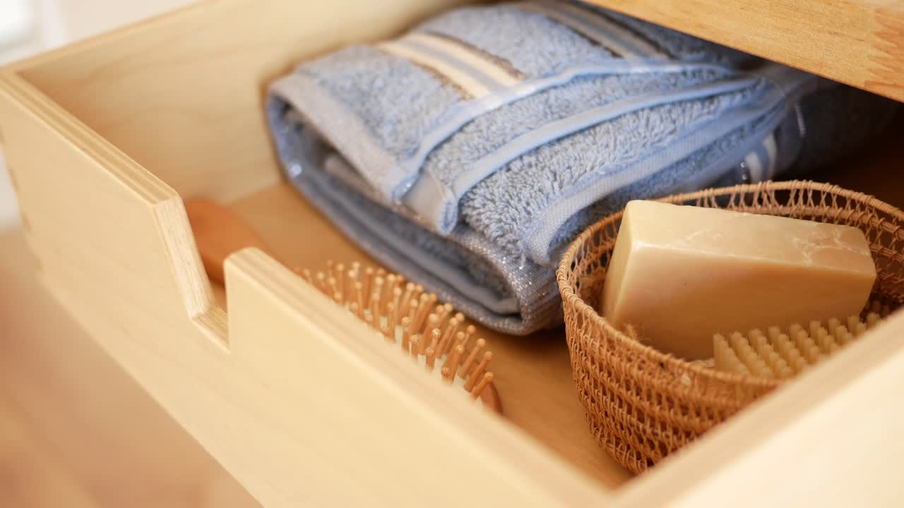 Bathroom Drawer Organization with Towels, Soap, and Brushes