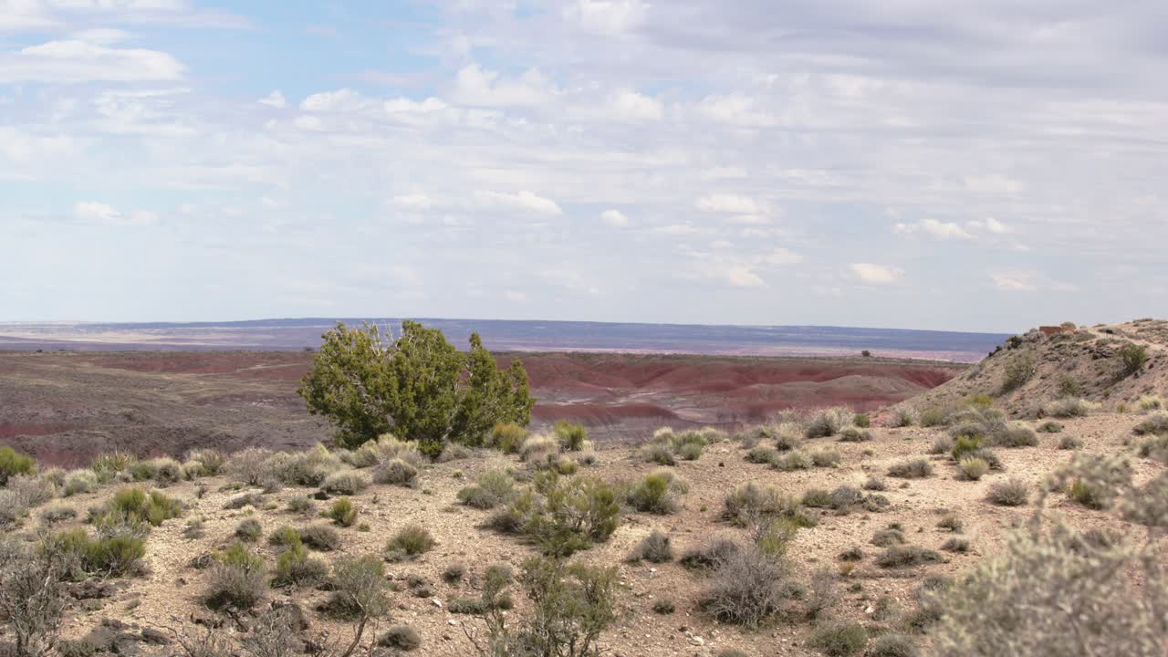A wide landscape shot of the Painted Desert on a windy day in the Petrified Forest National Park, Arizona