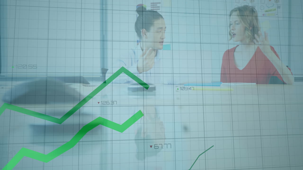 Office colleagues discussing business strategy in glass room, showing animated green line graph