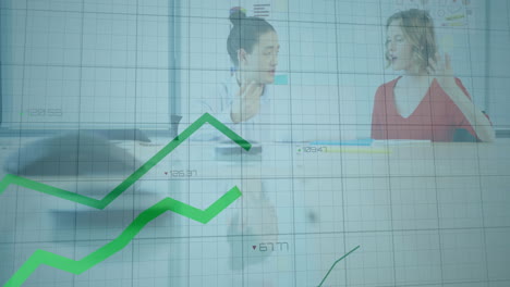 office colleagues discussing business strategy in glass room, showing animated green line graph