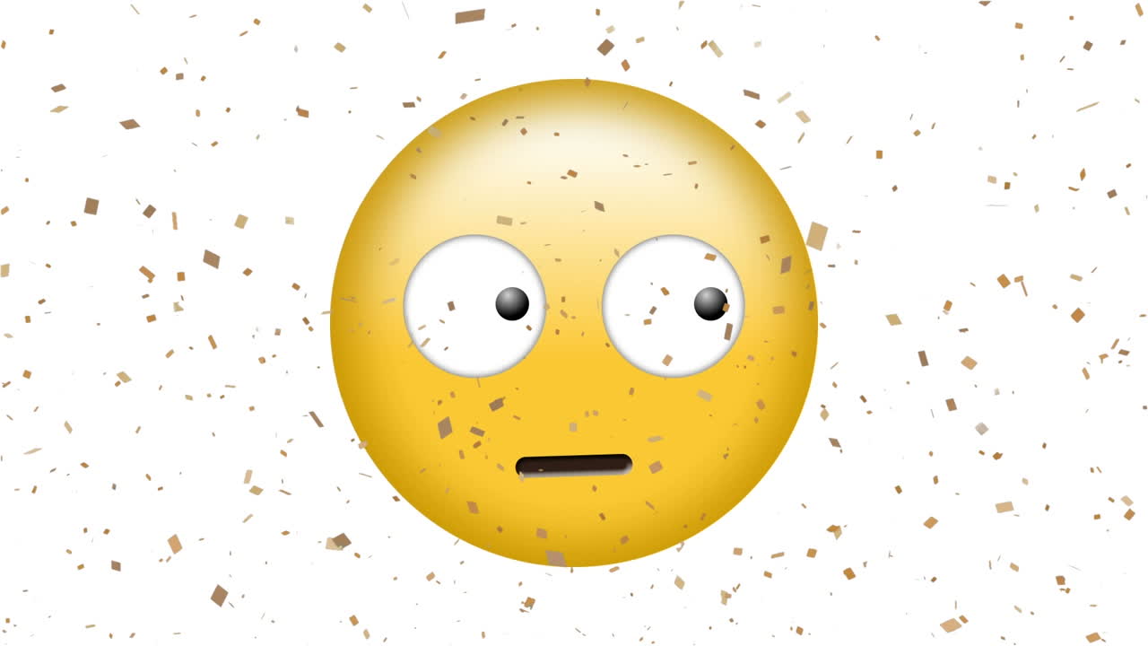 animación del icono emoji asustado sobre el confeti que cae sobre un fondo blanco