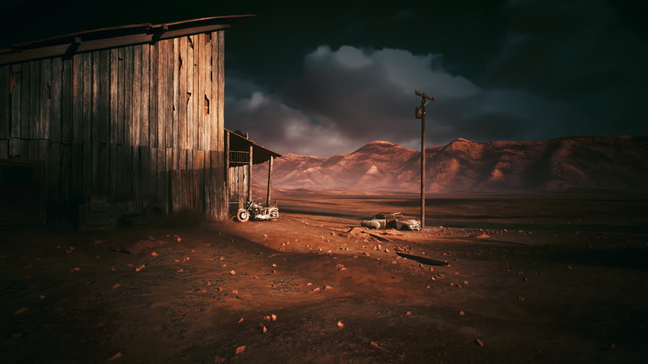 Sunrise illuminates abandoned outpost with scattered objects and mesas