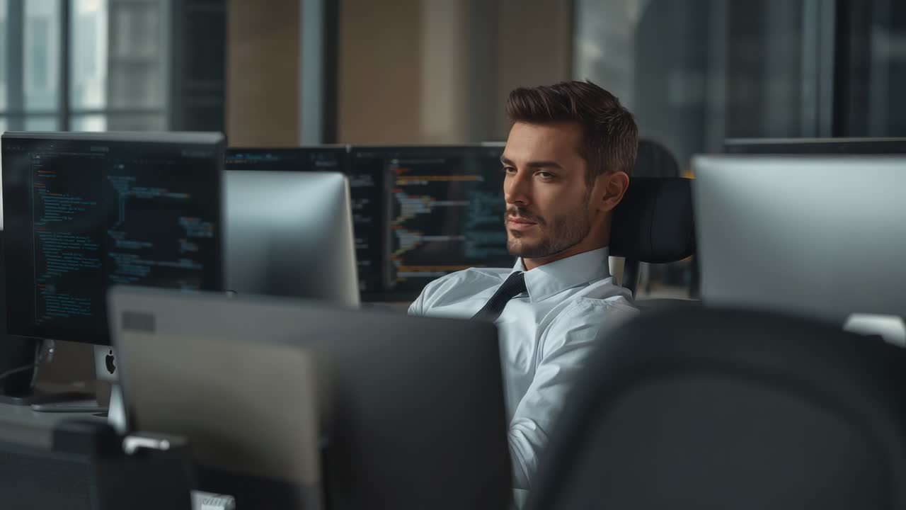 Leaning and glancing developer at two code monitors in office for code review, in business attire