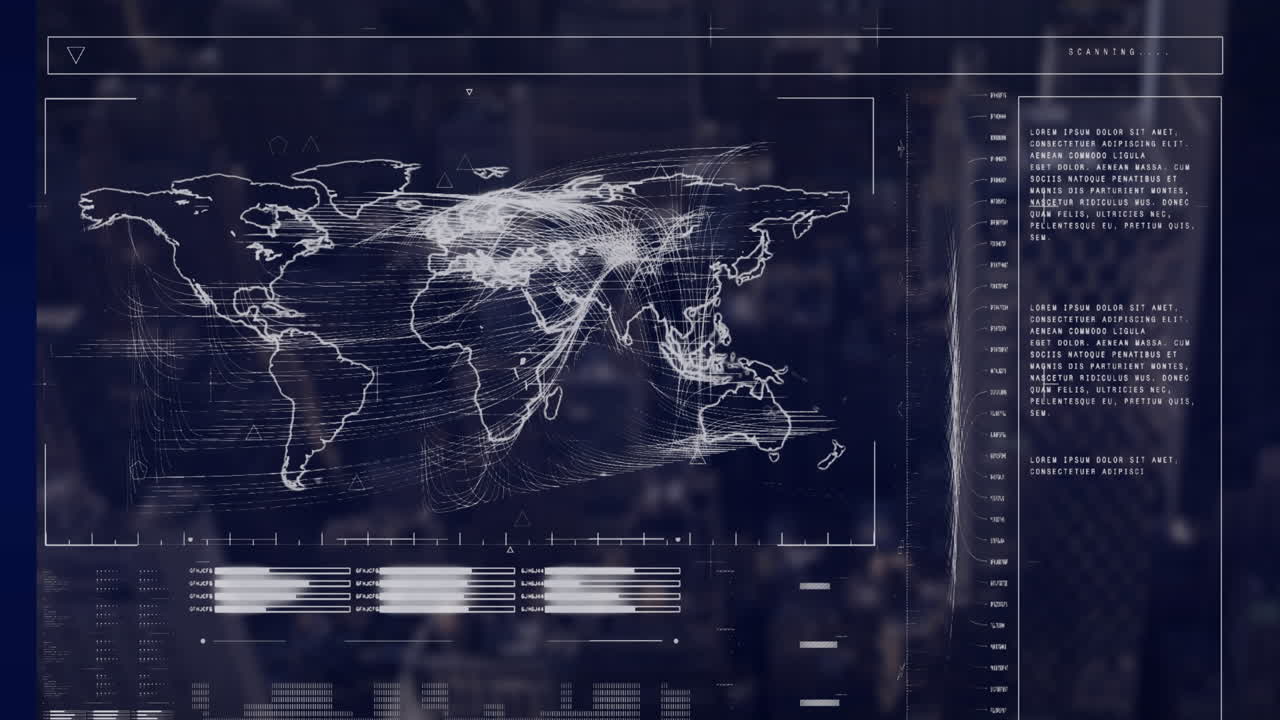 Animation of map and loading bars against abstract background