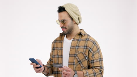 happy man, phone and credit card in online