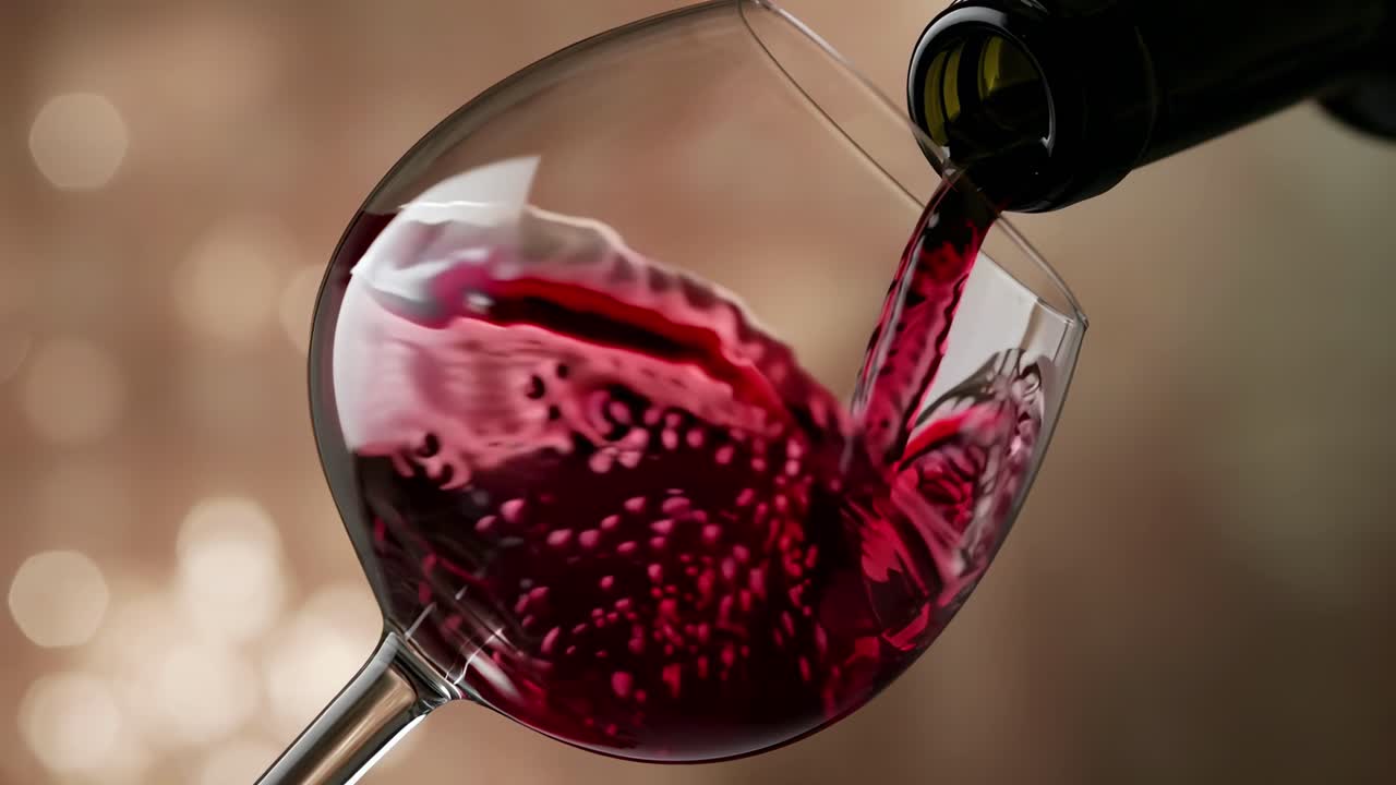 Video ravvicinato di vino rosso che si versa in un bicchiere, ripreso di lato, elegante e fluido.