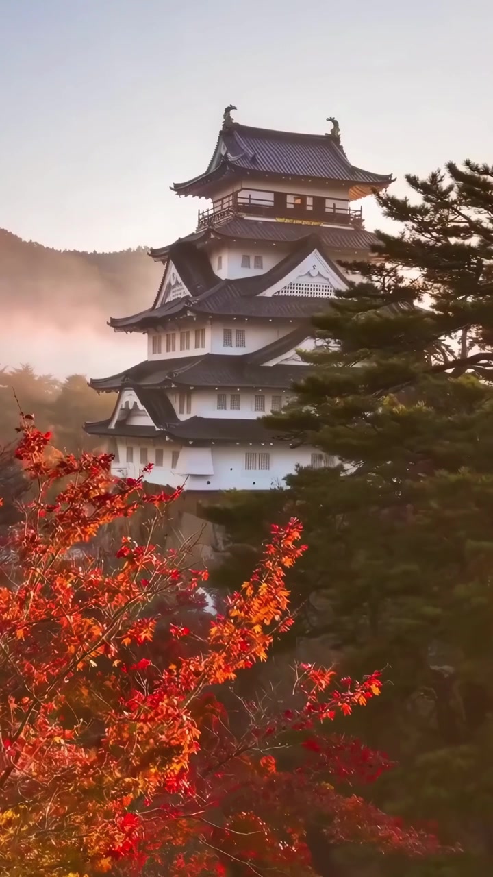 Veduta aerea di un tradizionale castello giapponese all'alba