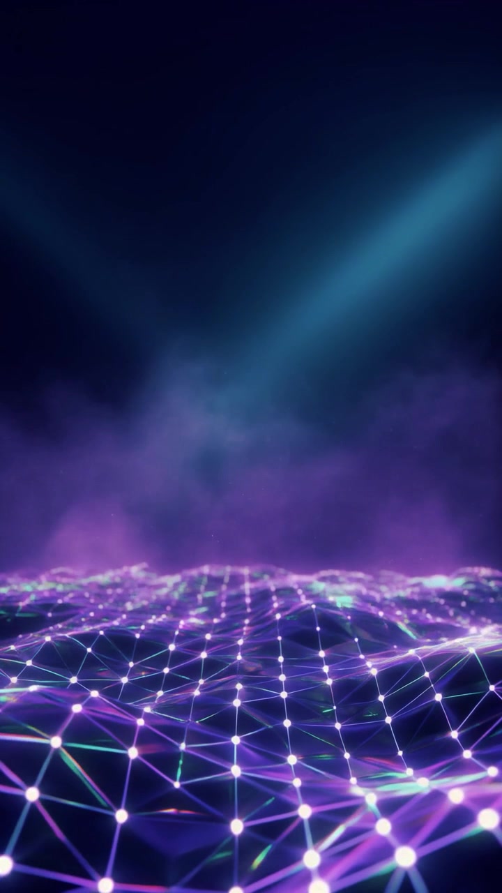 Abstract Digital Landscape with Glowing Data Mesh and Fog
