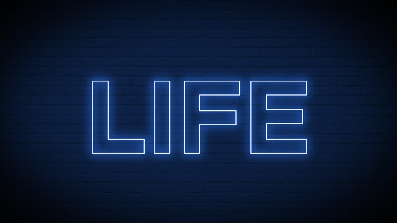 Animazione di un'insegna luminosa al neon con la scritta 'Life' che sfarfalla su uno sfondo blu.