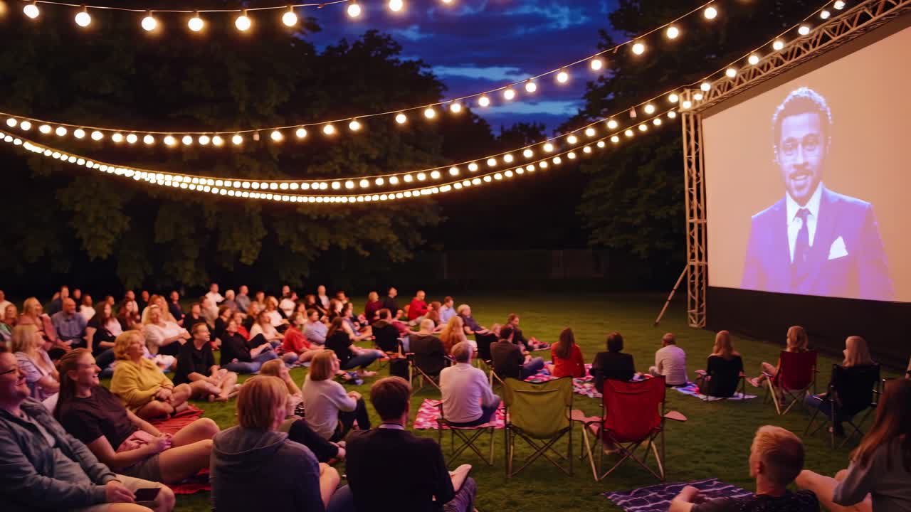 Konzeptvideo für einen Open-Air-Kinoabend mit Weitwinkelansicht. Menschen sitzen auf Gras unter Lichterketten