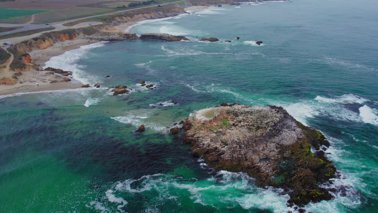 Flock of birds resting on a rock at San Gregorio Beach off the Pacific Coast Highway in California