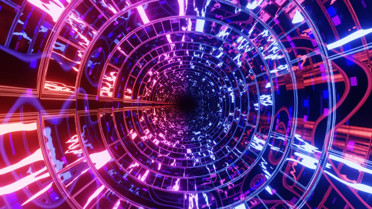 Hi-tech neon sci-fi tunel. Trendy neon glow lines form pattern and construction in mirror tunnel. Fly through technology cyberspace. Neon rings. 3d looped seamless 4k bright youth background.